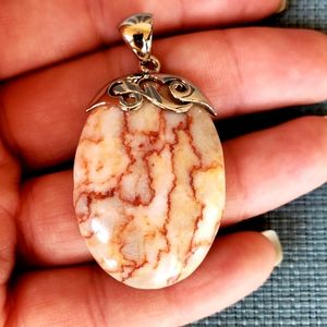 New Silver Wrapped Pig Brain Agate Oval Pendant.